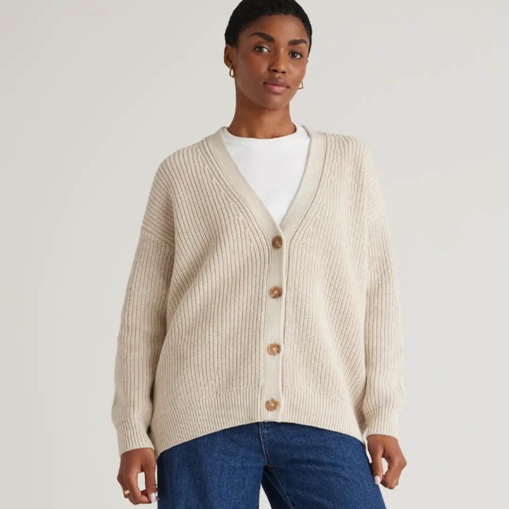 Quince 100% cotton oversized boyfriend cardigan in speckled beige